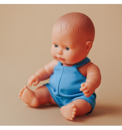 Caucasian baby doll blue overalls 21cm