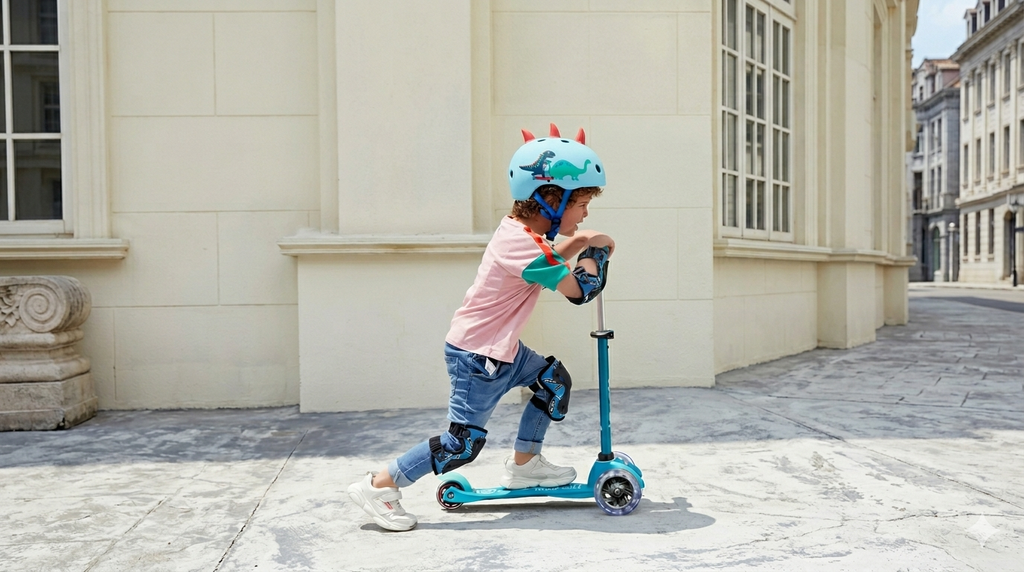 Niño con patinete Mini Micro LED y casco disponibles en Älva for Kids, Malasaña Madrid