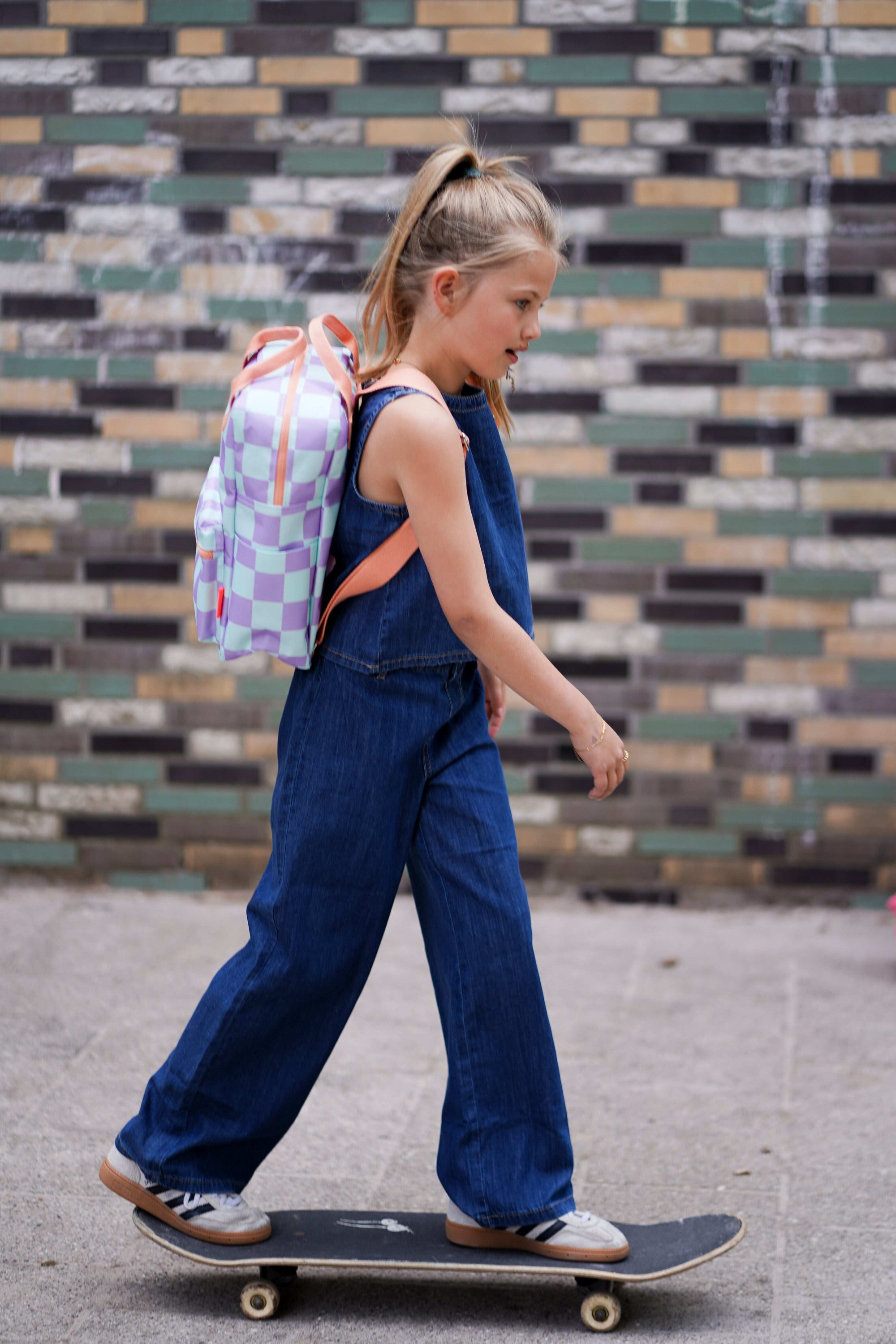 Mochila Escolar Cuadros Lilas